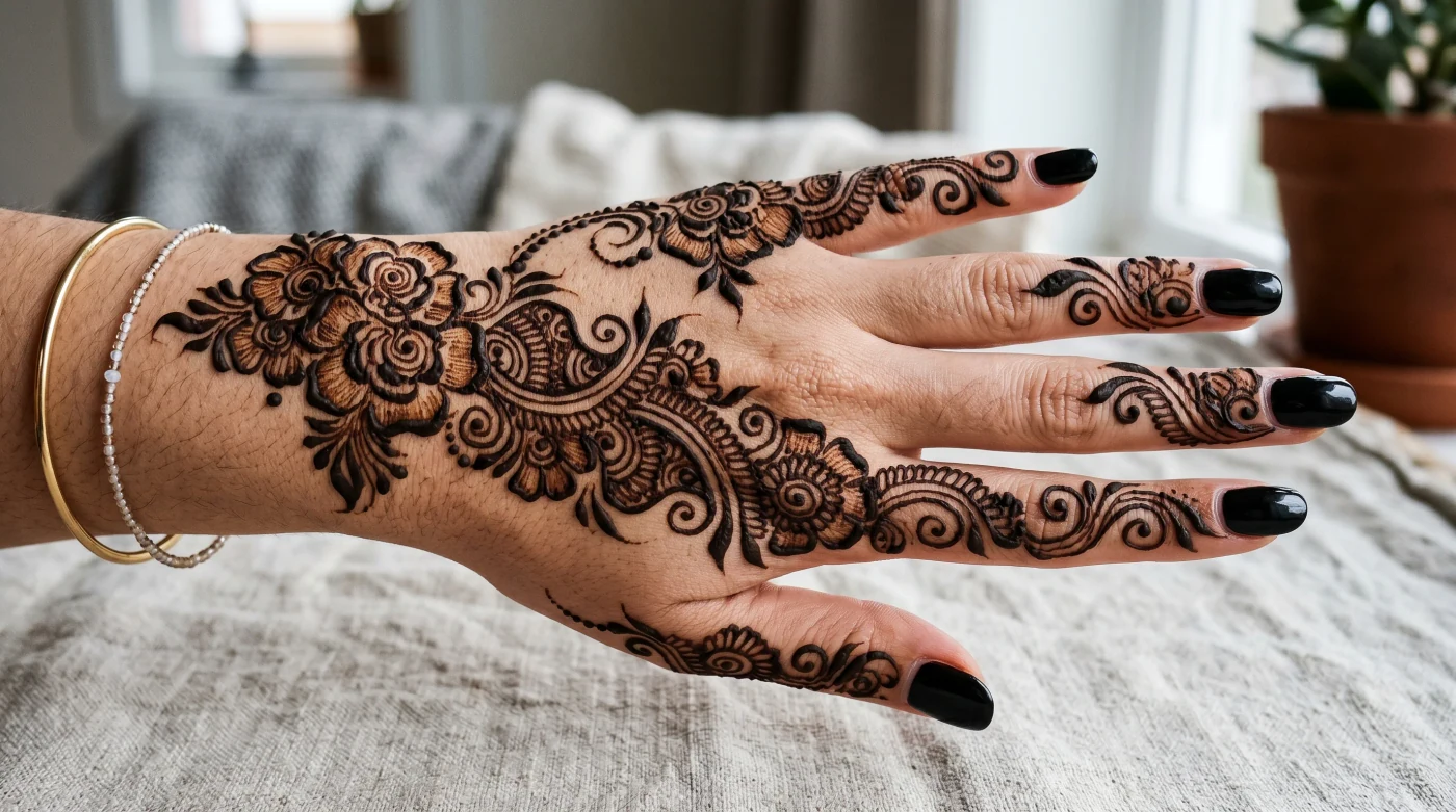 Stylish Arabic back hand mehndi pattern with delicate motifs